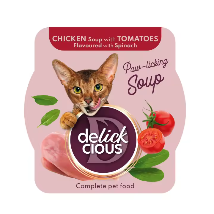 DELICKCIOUS - Sopa de Pollo con tomates y espinacas .  Alimento completo para gatos adultos. PACK 6 unds de 80g o 12 unds de 80 g - 1