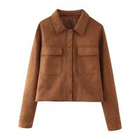 Chaqueta Casual Para Mujer ZBZA Marrón Vintage Con Pochetes Y Cuello En V Simple Breasted De Manga Larga Outerwear Slim Para Primavera Y Otoño - details 8