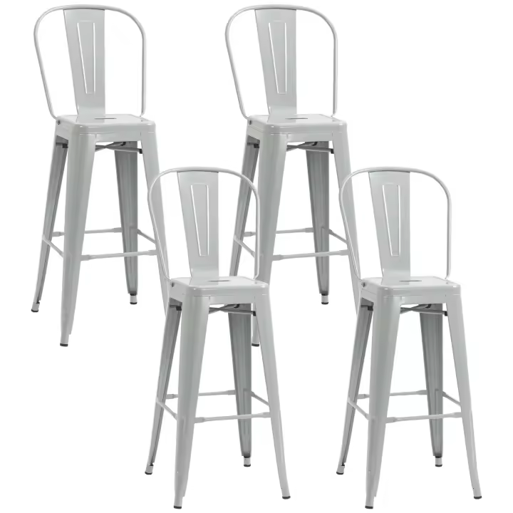 HOMCOM Juego de 4 Taburetes de Bar con Respaldo Alto Silla de Comedor de Metal con Reposapiés para Comedor Carga 120 kg 44x46x116 cm Gris Plata - 1