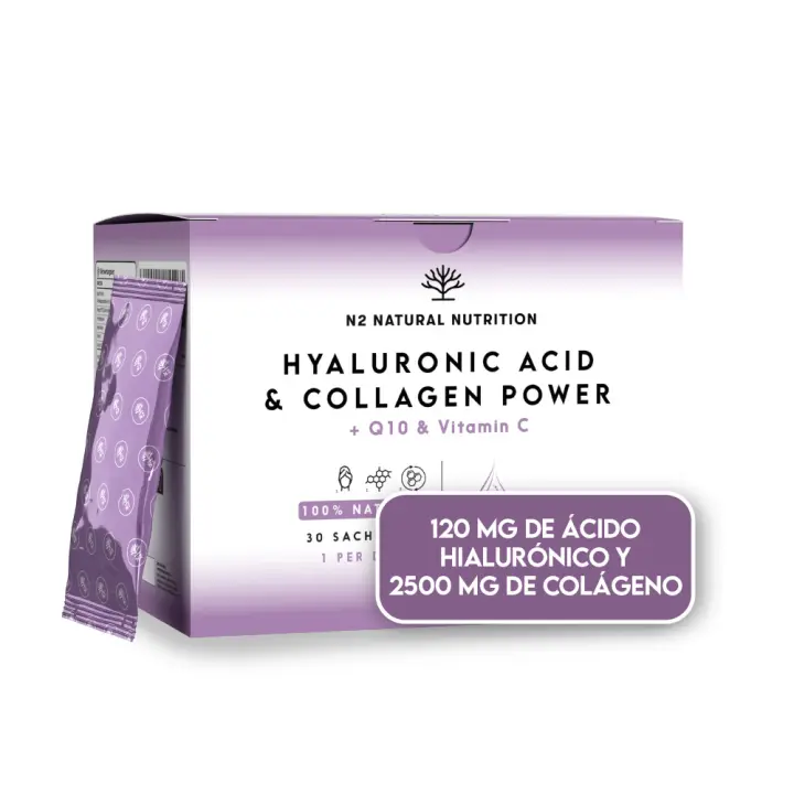 Colageno Peptidos Naticol® + Acido Hialuronico, Q10 y Vitamina C. Alta Concentración y Eficacia. Cuidado de Articulaciones, Piel y Huesos. 30 días de tratamiento en sobres solubles. CE. N2 Natural Nutrition - 1