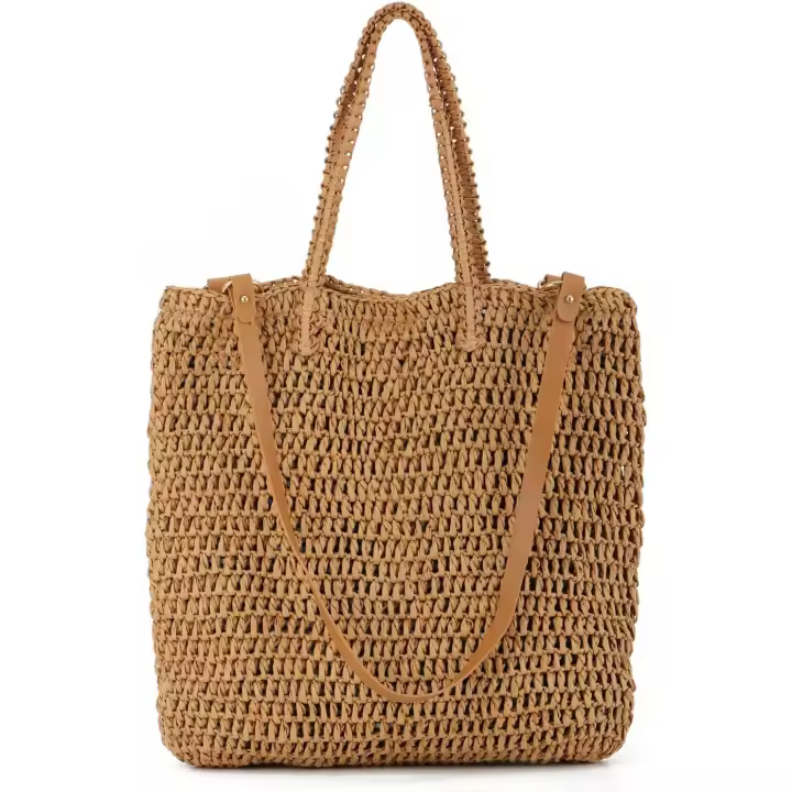 Bolsos de Hombro de Paja para Mujer Verano Bolsos Totes Shoppers Paja Tejido para Playero Vacaciones Viaje - 1
