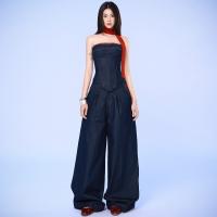 Conjunto De Ropa De Otoño Retro Para Mujer De WhereMery: Top Sin Mangas De Hombro Con Cuello Alto Y Pantalones Anchos De Pierna Alta Estilo Casual Y Fashion - details 3