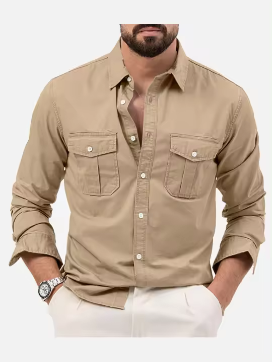 Camisa De Hombre Para Primavera/Verano Con Varios Bolsillos Traje De Trabajo Slim Fit Casual Cuello En Pointe Con Botones - 1