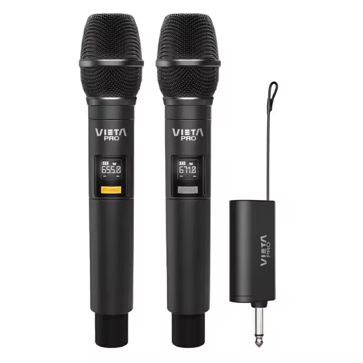 Vieta Pro Pack de micrófonos inalámbricos, Party Mic Duo, Conector USB-C, 6.5 mm Mono Jack, Baja interferencia y un Receptor de hasta 12 Horas de duración. - 1