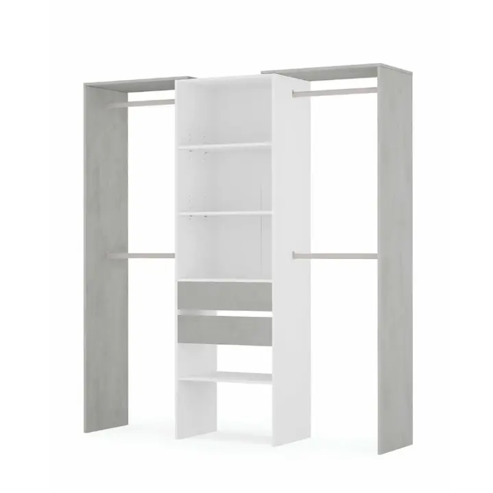 Meimon Armario vestidor con estantes, 2 cajones y 4 barras de colgar. Fabricado en tablero melaminizado tipo E1. Interior blanco, cajones en MDF con guías metálicas, estantes regulables, barras extraíbles de aluminio. Color cemento y blanco Artik - 1