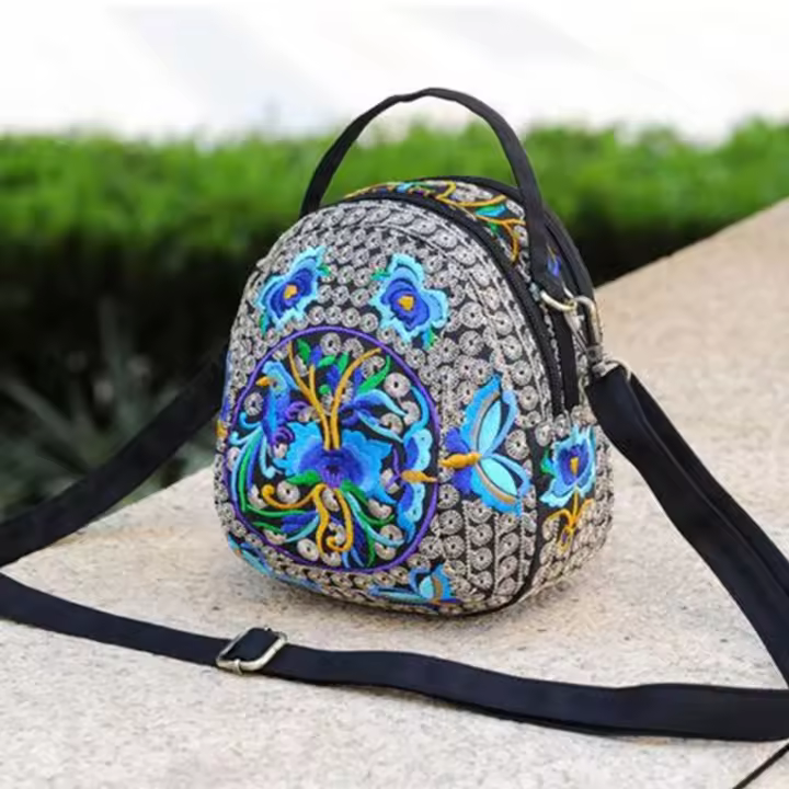 Bolso De Hombro Para Mujer Estilo Étnico Bordado En Lona Casual Con Cierre De Cremallera Y Doble Cara Floral Bolso Cruzado Trendy - 1