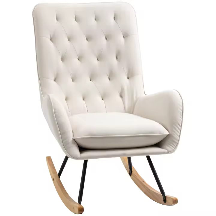 HOMCOM Silla mecedora Sillón relajante Sillón oscilante con patas de madera Mecedora Sillón relax fPara sala de estar, dormitorio, lino metal blanco crema 69 x 90 x 100 cm - 1
