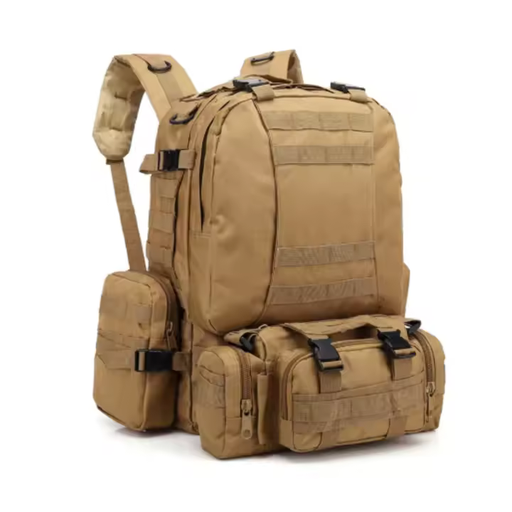 Mochila táctica militar caqui 50 litros acampada y senderismo estilo supervivencia, multifuncional 4 en 1 para montaña camping trekking viaje y excursiones, un bolso grande con 3 bolsas que se puedes desenganchar con sistema molle 3P - 1