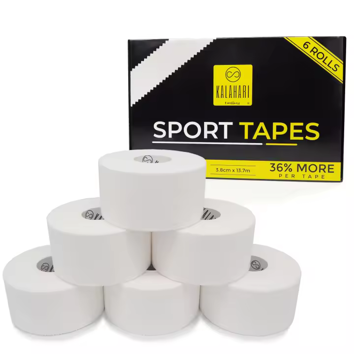 KALAHARI 6 X Tape Vendaje Deportivo Extra Largo-3,8 cm x 13,7 M-Cinta adhesiva para pendientes Voleibol, Fútbol, Crossfit, Escalada-Esparadrapa Deportivo, Sport Tape, No Elástica, 100% Algodón Blanco - 1