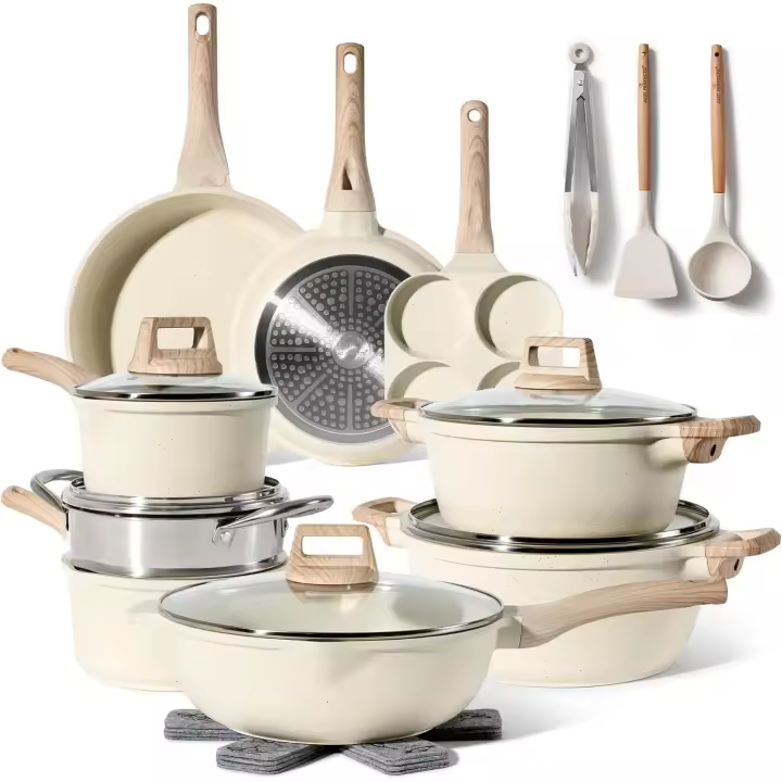 Just Perfecto Juego de Ollas y Sartenes Cocina Antiadherentes 21 Piezas, Barería de Cocina Antiadherentes Aluminio, para Todas Las Cocinas, Included Inducción, Ollas Cocina with Tapas (21 Pcs Biege) - 1