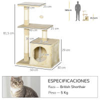 PawHut Árbol Rascador para Gatos 81,5 cm Torre para Gatos con Postes de Sisal 2 Plataformas Cueva y Bola Colgante Estilo Elegante 50x30x81,5 cm Beige - details 2