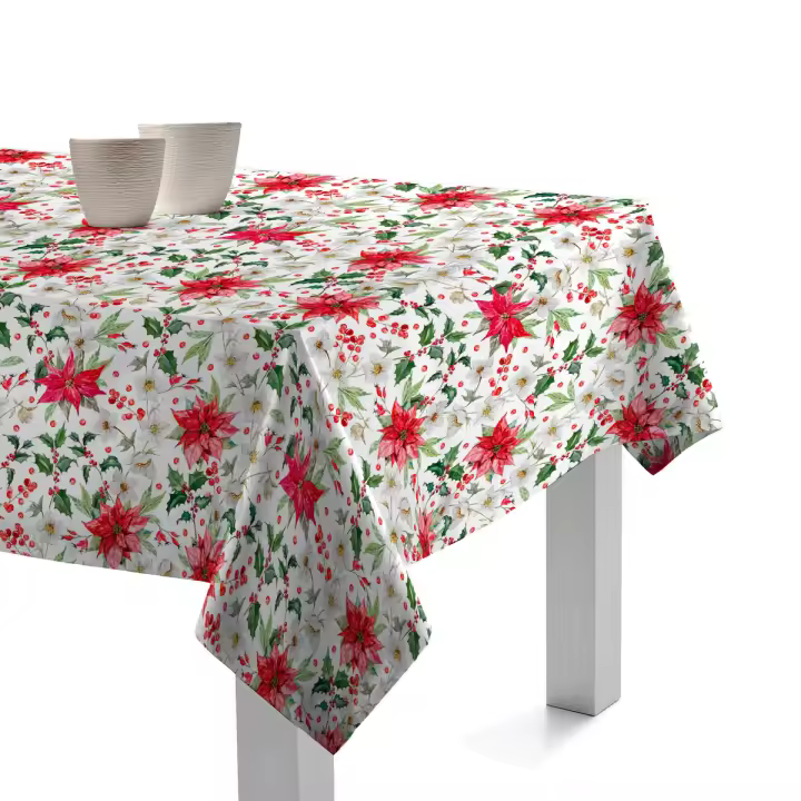 Mantel Antimanchas Algodón Acebo Rojo 135x135, 135x200, 135x250, Navidad, Impermeable, Fácil de limpiar, Comedor, Cocina PADUANA - 1