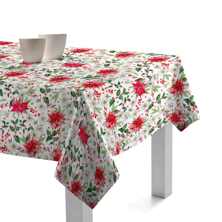Mantel Antimanchas Algodón Acebo Rojo 135x135, 135x200, 135x250, Navidad, Impermeable, Fácil de limpiar, Comedor, Cocina PADUANA - 1