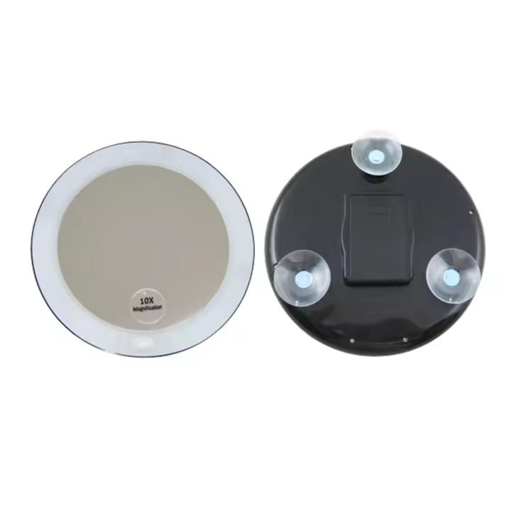 Espejo 10 aumentos redondo LED. Negro. Incluye ventosas. Con iluminación, carga pilas AAA. - 1