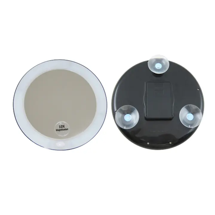 Espejo 10 aumentos redondo LED. Negro. Incluye ventosas. Con iluminación, carga pilas AAA. - 1