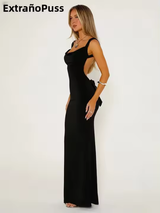 Vestido De Vacaciones Nibber Con Cuello Cuadrado Y Espalda Descubierta Para Mujer Sin Mangas Decorado Con Lazo Vestido Sexy De Fiesta En La Playa Vestido De Cuerpo Entero De Polyester Y Spandex - 1