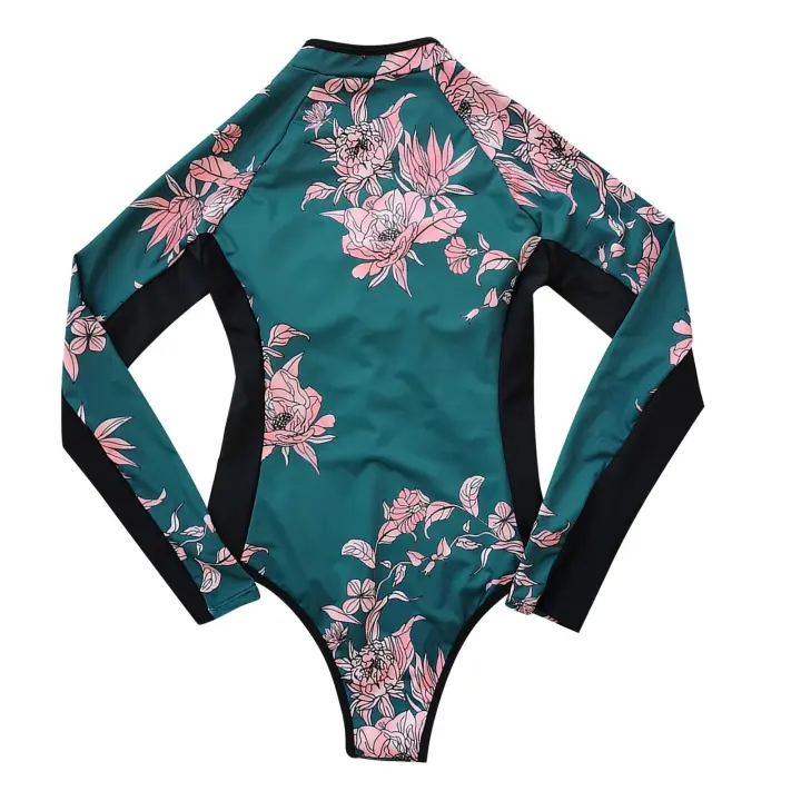 Traje De Baño De Un Pie Para Mujer 2024 Con Mangas Largas Estampado Tropical Monokini Bodysuit Deportivo Para Surf - 1