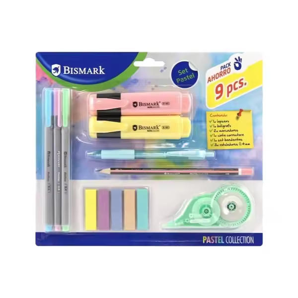 Bismark pastel pack escolar con lapicero, boligrafo, 2 marcadores, cinta correctora, set banderitas pet y 3 rotuladores 0.44mm - 1