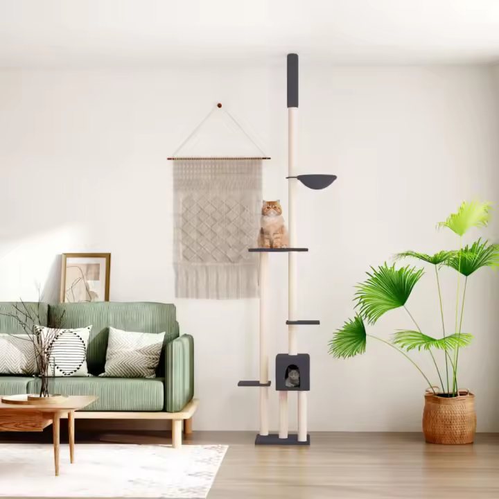 vidaXL Árbol rascador gatos suelo a techo 258,5-284,5 cm en color Gris oscuro/Crema/Gris claro - 1