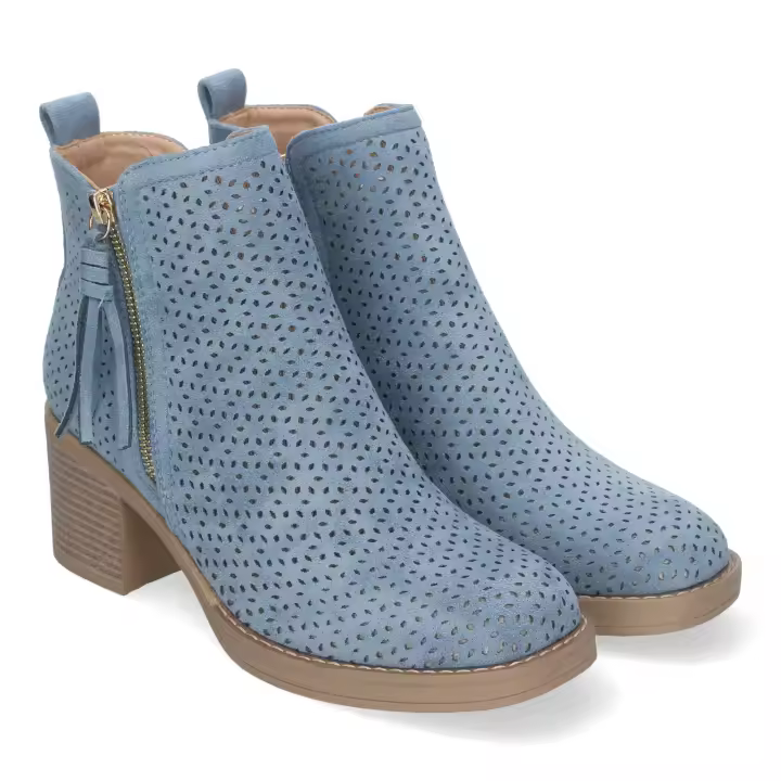 Davinia Shoes Botines de Mujer Primavera Verano Elegantes y Comodos con Tacon Ancho, Diseño Perforado con Doble Cremallera Lateral con Fleco, Ideal para Cualquier Ocasion. Shoes&Blues.es VR002-Jeans - 1