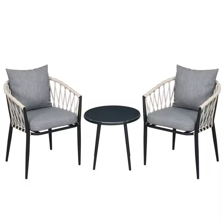 Outsunny Conjunto de Muebles de Jardín 3 Piezas Juego de Muebles de Terraza Incluye Mesa con Encimera de Vidrio Templado y 2 Sillones con Cojines Reposabrazos de Cuerda Polipropileno Gris - 1