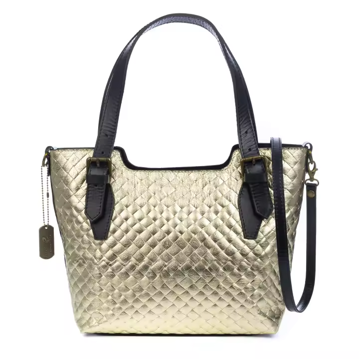 FIRENZE ARTEGIANI Arezzo bolso tote mujer. Piel auténtica Gamuza con grabado entrelazado y lacada brillante. Fabricado en Italia 39x13x26 Cm. Color: Champagne - 1