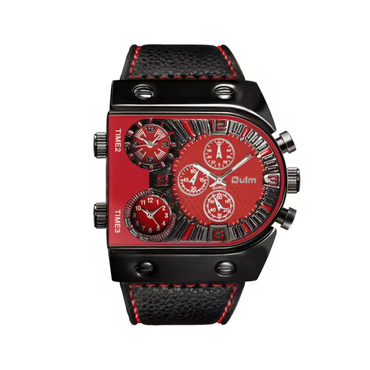 Reloj De Pulsera Para Hombre Oulm Tamaño Grande Con Correa De Cuero Deporte Al Aire Libre Múltiples Zonas Reloj Casual - 1