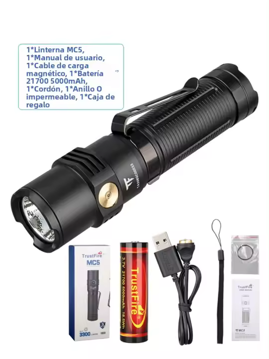 Linterna LED De Alta Potencia Trustfire MC5 3300 Lumens Recargable Con Indicador De Energía Magnético Uso De Batería 21700 Luz De 200-500 M Waterproof Material De Aluminio Negro - 1