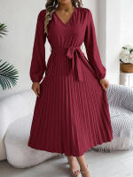 Vestido Elegante De Mujer Con Botones Y Cuello En V Manga Larga Plegado Con Cierre De Lazo Estilo Casual A-Line Para Primavera/Otoño - details 12