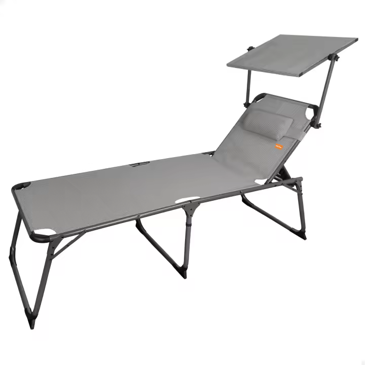Aktive - Tumbona de playa plegable, color gris, 193x67x48/96 cm, altura XL, peso máximo 100 kg, reclinable 5 posiciones, cojín acolchado, toldo ajustable, topes antivuelco, aluminio y textileno, fácil transporte con asa - 1