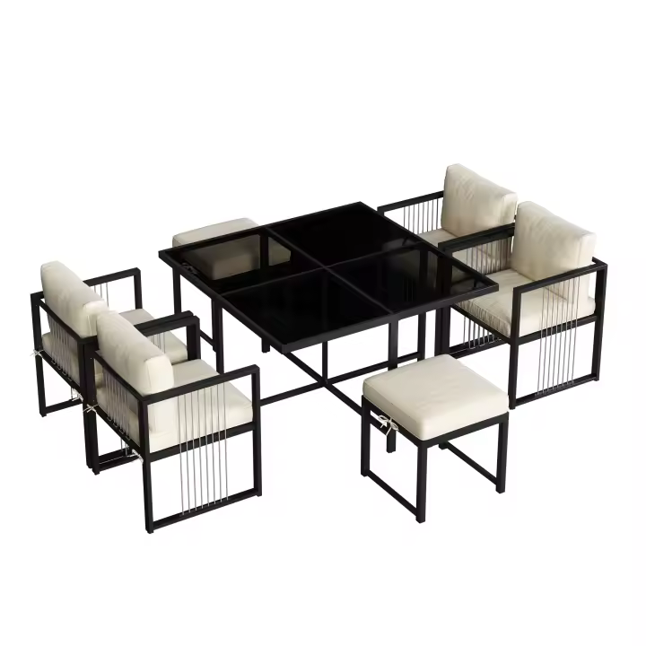 Mesa y sillas de Comedor de exterior para 6 personas, juego de 7 piezas, Mesa de Cristal Templado, ideal para comer en el patio trasero, Terraza Jardín - 1