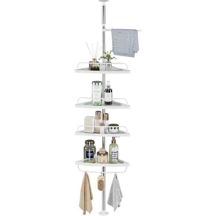 MAGIC SELECT Estantería Telescópica de Baño. Estante Esquina de Ducha de Plástico y Metal sin Taladro. Organizador de Bañera, Cocina, Lavabo de Altura Ajustable 180 a 325 cm con 4 Baldas, Toallero y 3 Ganchos
