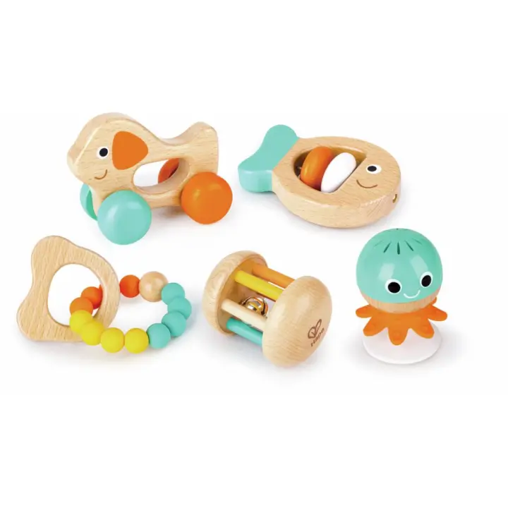 Hape Conjunto Elementos Sensoriales para Bebés - Kit de Sonajeros y Mordedores - 1