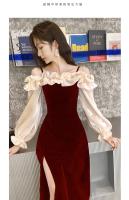 Vestido De Noche Elegante Para Mujer Con Volantes Y Patchwork Manga Larga Hombro Descubierto A-line Con Abertura Alta Vestido De Boda Y Fiesta - details 4