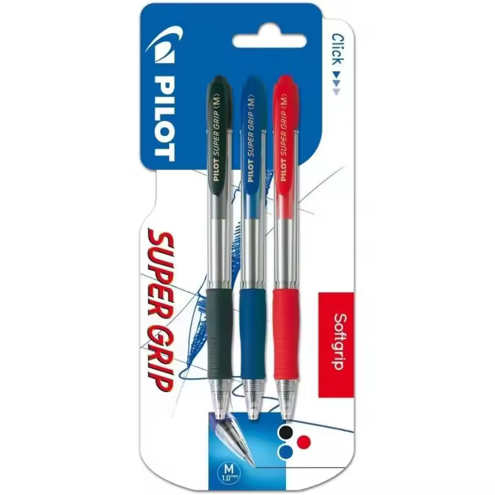 Pilot Bolígrafo Super Grip Retráctil Punta 1mm Recargable Tinta Base de Aceite (Pack Negro, Azul y Rojo) - 1