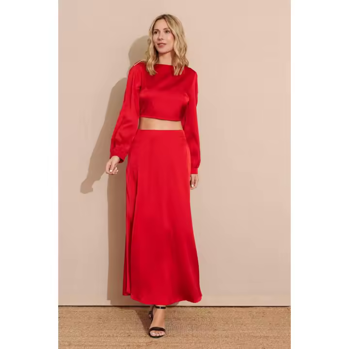 SOLO VENTA FALDA - CONJUNTO SATINADO ROJO SALMA - Falda Larga Roja Satinada, Satén, Primavera Verano para Mujer, Fiesta, Evento, Bodas - 1