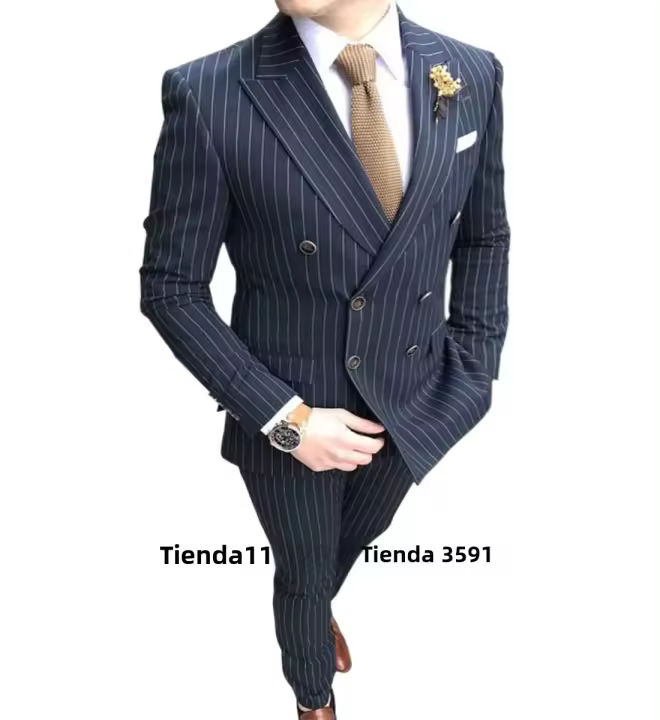 Traje De Lujo Para Hombre Con Rayas 2 Piezas Traje De Boda Casual Tuxedo Estilo Británico Slim Para Negocios Y Sociales - 1