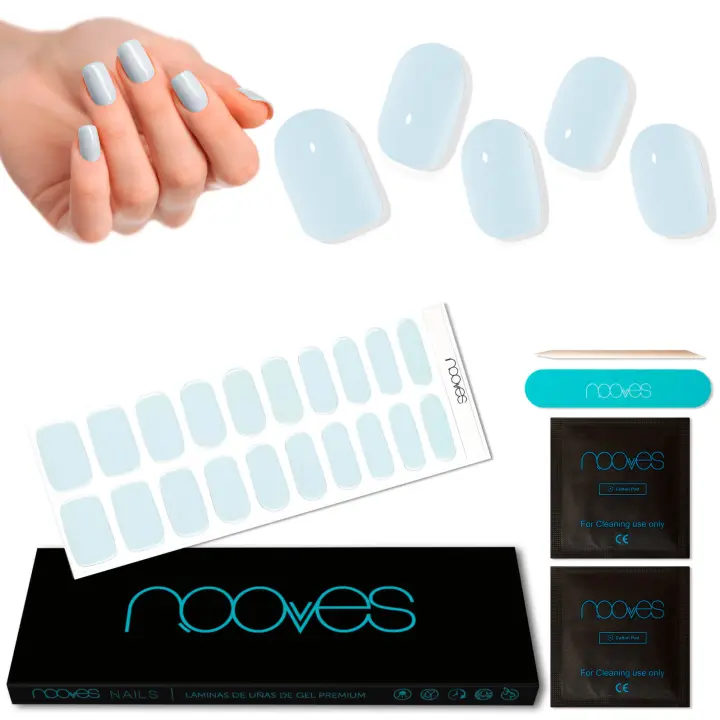 NOOVES - Láminas de Gel para UñasBlue Salt - Azul 20 uds, Uñas de Gel Semicuradas Premium, Gel Nail Stickers,Pegatinas Uñas de Gel, Incluye 1 Lima de Uñas y 1 Palito de Naranjo, Vegano - 1