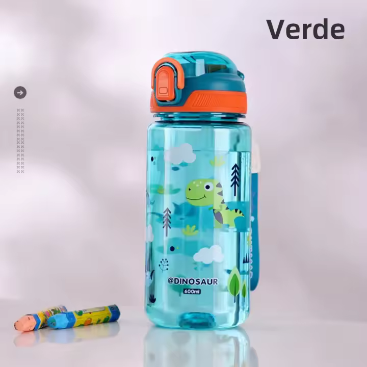 Botella De Agua Para Niños 600ml Con Palanca De Silicona Y Estilo Dinosaurio Resistente Al Desbordamiento Plástico Ecológico Para Verano - 1