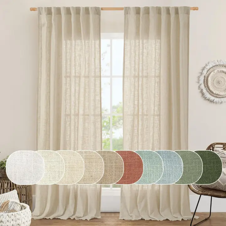 72 inch Length Cream Linen Curtains for Living Room 2 Panels, Linen Textured Light Filtering Semi Sheer Back Tab and Rod Pocket Window Curtain Panels for Bedroom/Farmhouse, 52 x 72 Inch - 1