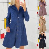 Vestido Largo De Corduroy Para Mujer Estilo Oficina Lady Con Cuello En V Y Botones Manga Larga Cierres De Botones Silueta Ajustada Y Flared - details 0