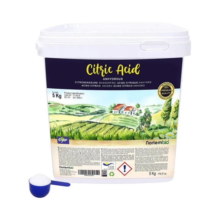 NORTEMBIO Ácido Cítrico 100% Puro 5Kg | Quitamanchas, Desodorizador y Blanqueante | Multiusos para Limpieza | E-Book Incluido | Sin aditivo