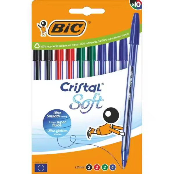Bic cristal soft pack de 10 boligrafos de bola - punta media de 1.2mm - trazo 0.45mm - escritura mas fluida - colores surtidos - 1