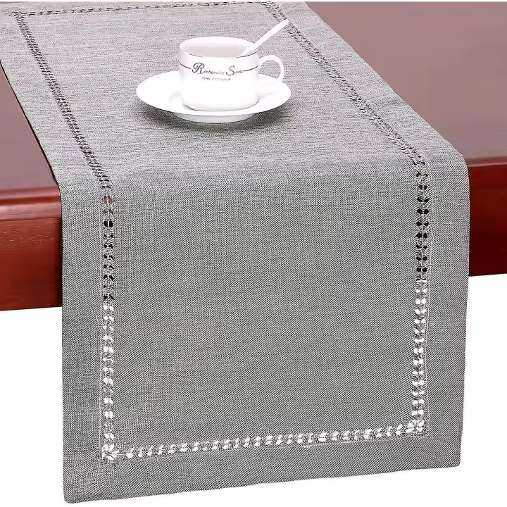 Camino de mesa de lino estilo rústico hecho a mano con dobladillo gris para mesa de café, mesa de comedor, tocador, mesa de entrada, fiesta - 1