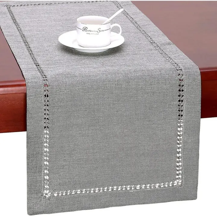 Camino de mesa de lino estilo rústico hecho a mano con dobladillo gris para mesa de café, mesa de comedor, tocador, mesa de entrada, fiesta - 1
