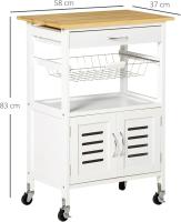 Carrito de Cocina con Ruedas Carro de Almacenamiento Multiuso con Encimera de Bambú Cajón Cesta Metálica y Armario de 2 Puertas de Persiana 58x37x85,5 cm Blanco - details 2