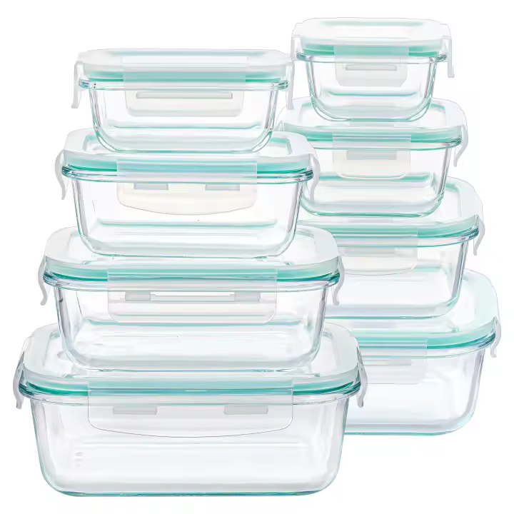 Set 8 fiambreras borosilic rectangulares 200-200-320-400-520-640-640-800ml,Juego de 8 recipientes de almacenamiento de alimentos de cristal,recipientes de vidrio con - 1