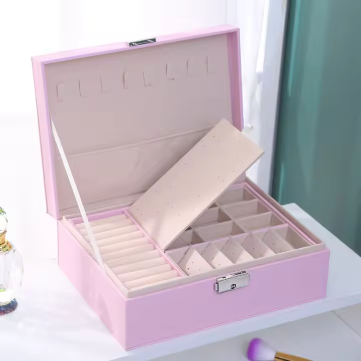 Organizador de Joyería de Cuero de Dos Capas Caja de Almacenamiento de Joyas con Cerradura para Collares, Pendientes, Anillos Regalo Ideal para Mujeres y Niñas - 1