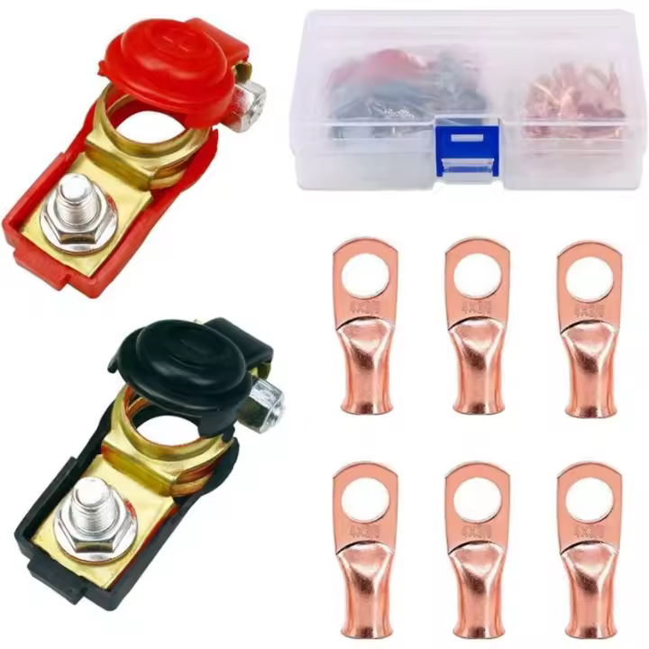 1 par de terminales de batería con conectores y 6 anillos de cobre para coche, positivo y negativo - 1
