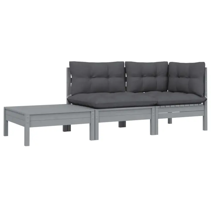 vidaXL Juego muebles de jardín 3 pzas cojines gris madera pino maciza Conjunto Terraza Muebles Jardín Exterior Juego de Muebles de jardín Mueble Jardín Exterior Muebles de Salon Exterior - 1